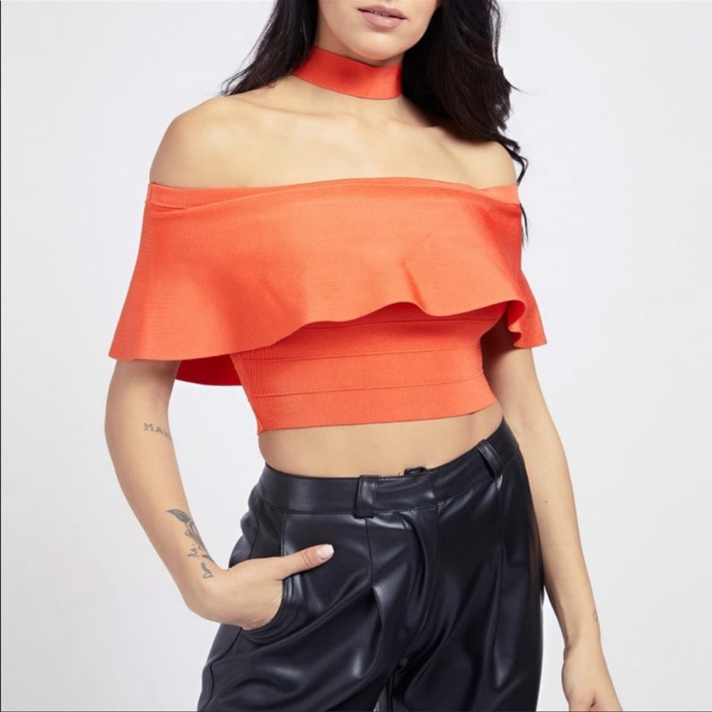 Marciano Orange Off-Shoulder Crop Top with Choker